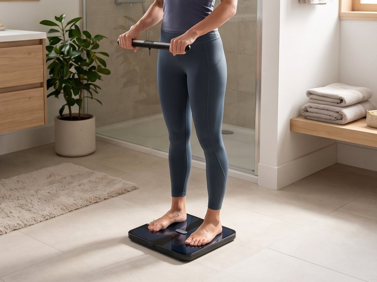 Person standing on the scale while holding the hand electrodes